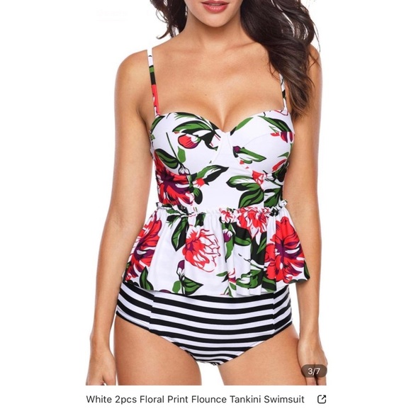 White 2pcs Floral Print Flounce Tankini Swimsuit - Picture 4 of 9